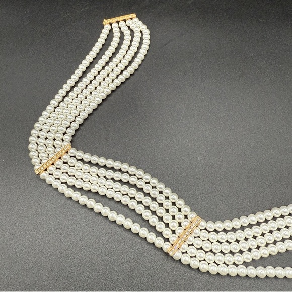 Multi-Strand Faux Pearl Choker with Rhinestone Accents - Wedding Necklace - Picture 14 of 15